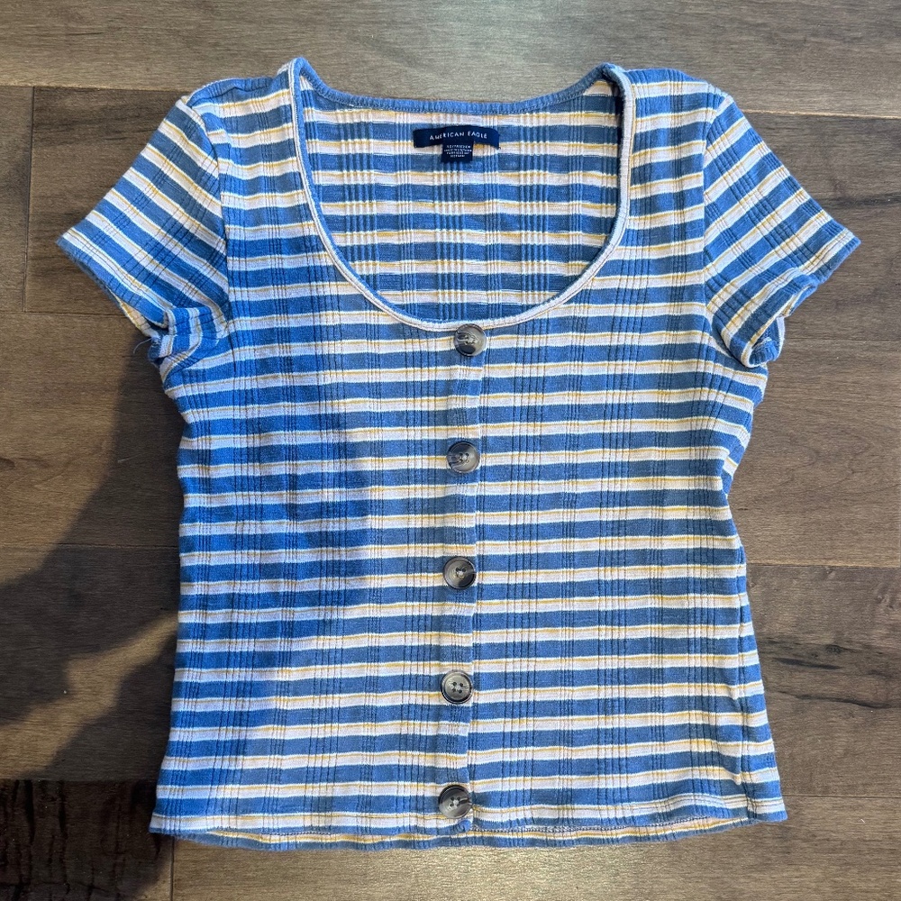 American Eagle Blue, Yellow, White Striped Shirt XS